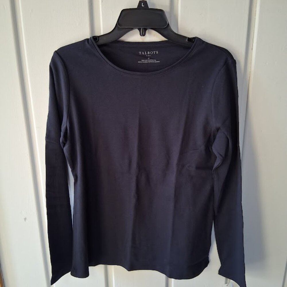 Talbots Cotton Long Sleeve Round Neck Navy Blue Tee NWT Sz M